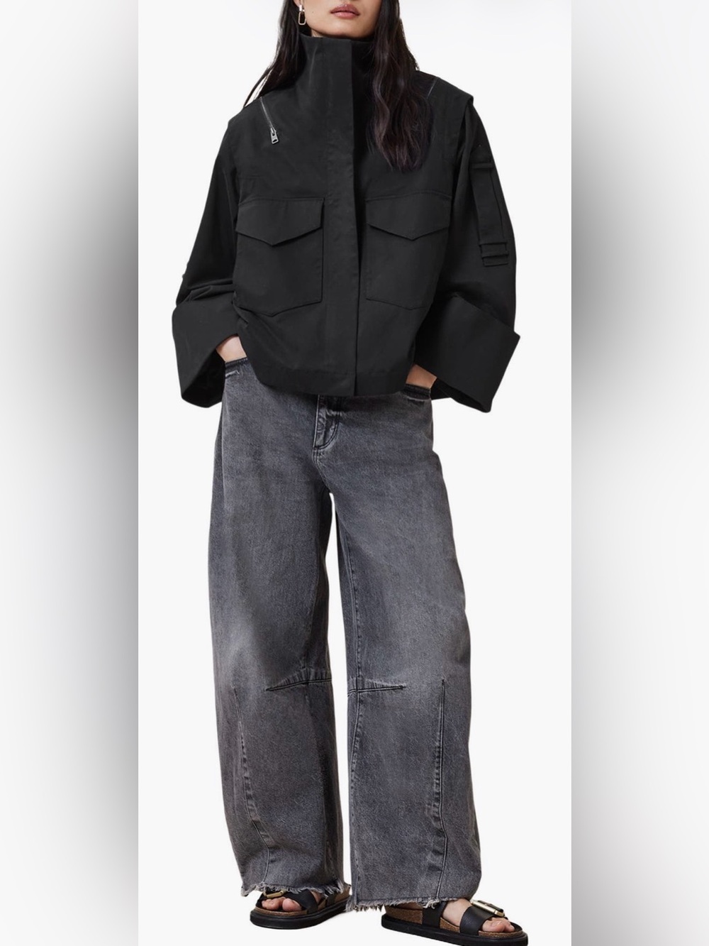 AllSaints LEIGHTON Black Cropped Funnel Neck Jacket Small $399 NWT